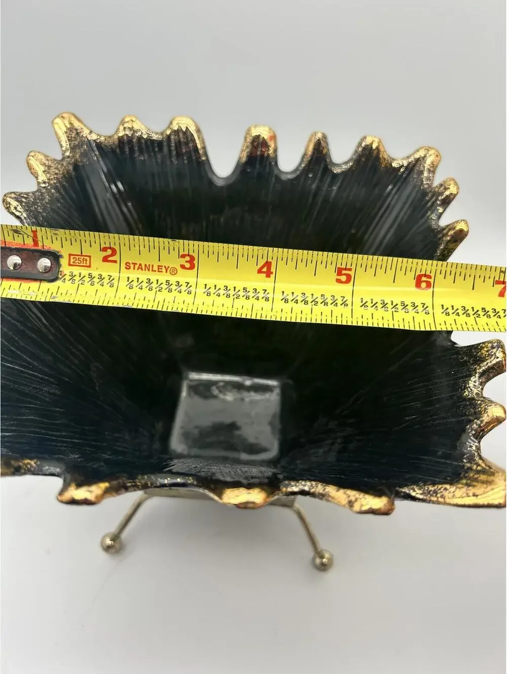 Vintage Black and Gold MCM pottery vase in Gold Stand